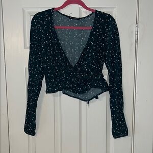 Brandy Melville Green Floral Wrap Crop Blouse